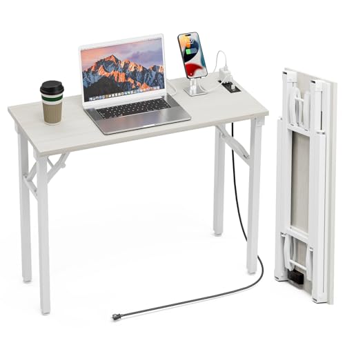 Image of TEMI Small Computer Desk Folding Table - No Assembly, Compact 35.8 inch Foldable Desk with Power Outlets & USB Charging Port, Portable Small Office Desk, Ideal Mini Study Table for Narrow Spaces,White Ash