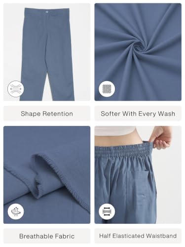Image of SAADAA Women's Airy Linen Straight Pants | Regular Fit Trousers | Half Elasticated with Drawstrings & Buttons | 4 Pockets | Everyday & Office Wear