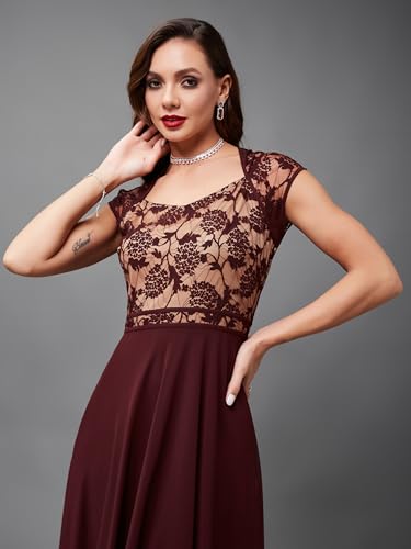 Image of Miss Chase Women's V-Neck Full Sleeve Self Design Lace-Overlaid Georgette Maxi Dress