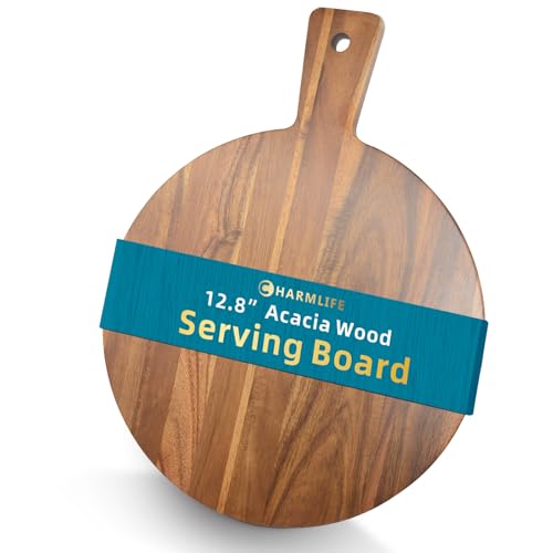 Acacia Wood Round Cutting Board with handle 16” x 13” Pizza Peel Cheese Paddle Board - Decorative Charcuterie Serving Board for Kitchen