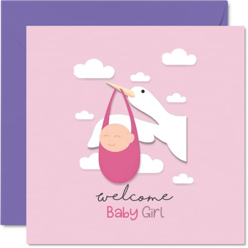 Jolie carte nouveau bébé, scène adorable cigogne et bébé fille