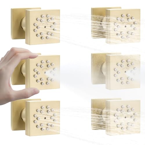 Drettyer 2-Function Shower Body Sprays Jet High Pressure Wall Mount Brass Square Showerhead Spa Massage Shower Sprayer Nozzles with Adjustable Swivel Ball(Brushed Gold,6PCS)