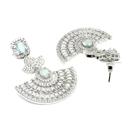 Leaf Shaped Drop Earrings with American Diamond in Rhodium Plating