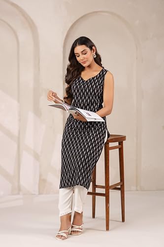 Image of Ichaa Women's All-Over Printed Sleeveless Kurta | Straight Fit Ethnic Kurta | Round Neck Casual Ethnic Wear Kurta