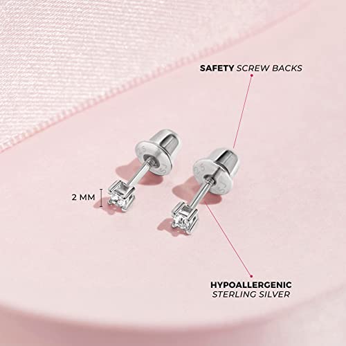 925 Sterling Silver 2mm-5mm Cubic Zirconia Princess Square Cut Screw Back Earrings For Babies, Infants, Toddlers & Little Girls - Hypoallergenic Safe for Sensitive Ears - Birthday Gift Idea4