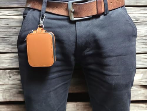 Image of Premium Eco-Friendly Universal Leather TWS earpod Storage Pouch Zip Lock with Hook Compatible with All Generation Apple Airpods - (Cover Only) (Light Brown)