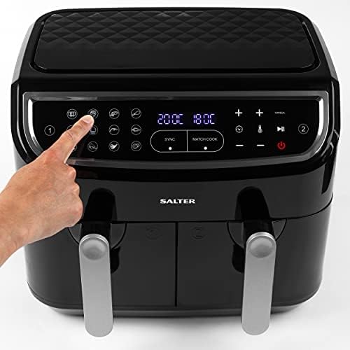 Salter EK4548 Dual Air Fryer,Double Drawer Non-Stick Cooking, Sync & Match Cook Function,2 XL Frying Trays For Independent Cooking, 8.2L,Sensor Touch Display With 12 Presets,1450-1750W,Black/Silver