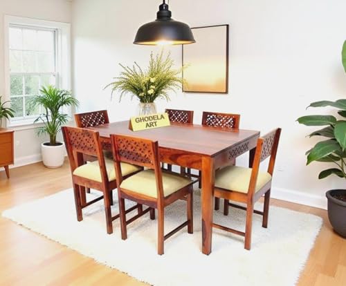 Image of Sheesham Wood Oval Dining Table with Cushion Chairs Set for Home Hall | Solid Wood Dinner Table with Chairs for Hotels | Dining Room Sets (Honey Teak Finish, 6 Seater)