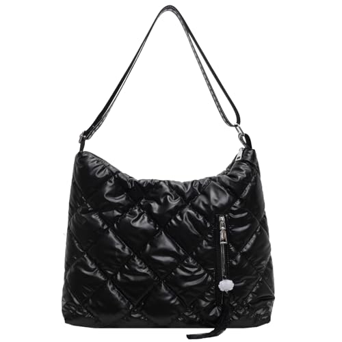 JANSBEN Puffer Hobo Bolsa tiracolo feminina - Linda bolsa de ombro acolchoada grande moderna com zíper, Preto, One Size