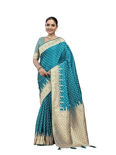 Image of MANOHARI Women's Trendy Banarasi Satin Silk Woven Saree with Heavy Jacquard Work, Elegant Design, Silk Saree with Maching Lace Border Unstitched Blouse Piece for Weddings & Festive Occasions