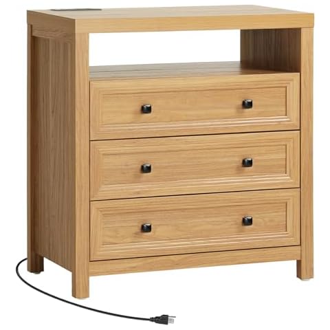 KOLIGEY Dresser for Bedroom with Power Outlet, 31.5" Wide 3 Drawer Dresser with Extra Thick MDF Panel Frame, Wood Chests of Drawers Nightstand End Table for Living Room, Hallway, Natural Walnut Cover