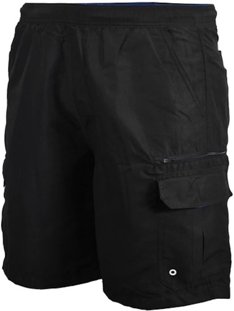 Big and Tall Solid Cargo Swim Trunks to 8X in Blue and Black with Extra Zipper Pocket