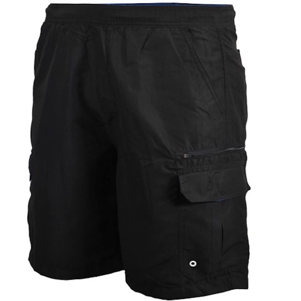Big and Tall Solid Cargo Swim Trunks to 8X in Blue and Black with Extra Zipper Pocket (Black, Big 8X)