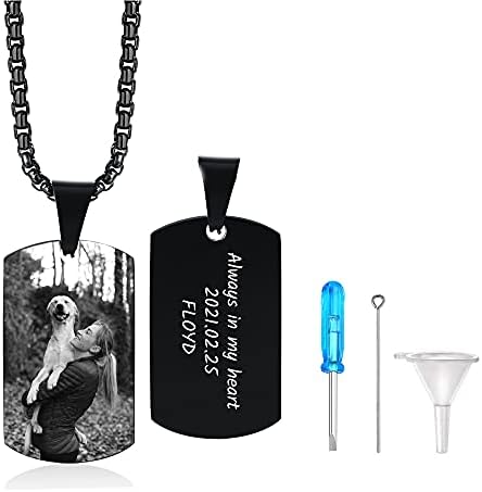 VNOX Personalized Photo Text Cremation Urn Necklace for Ashes Holder Dog Tag Pendant Memorial Keepsake Jewelry for Men Women,Black
