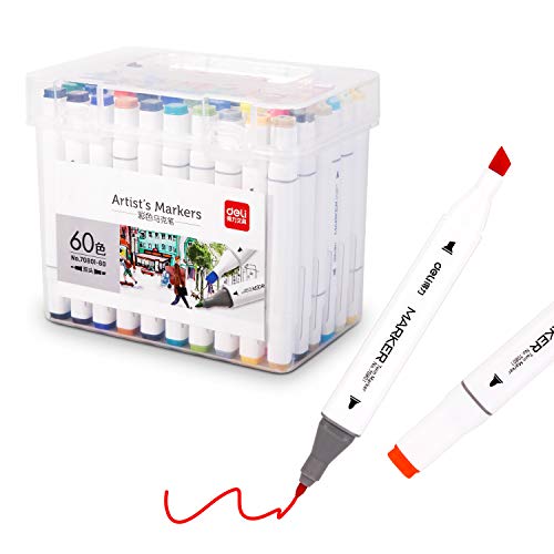 Deli 60 Colors Alcohol Markers Dual Tip Art Markers Sketch Markers Pens for Adult Coloring and Kids Art Supplies Copic Markers and Drawing Sketching
