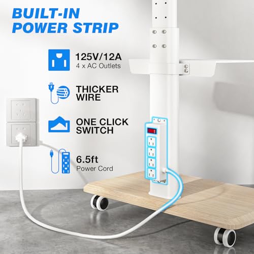 Rfiver Sleek Rolling TV Stand with Power Outlet for Home Decor, Height Adjustable Portable TV Stand on Wheels for 32-75 Inch TVs, Strong Tall Mobile TV Cart with Mount Up to 88 lbs, White