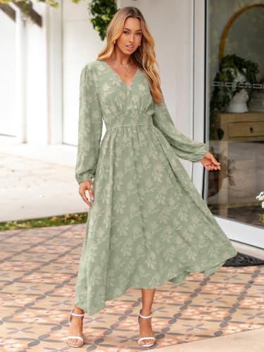 Image of Simplee Womens Boho Floral Long Sleeve Maxi Dress V Neck Empire Waist Fall Wedding Guest Dresses with Pockets