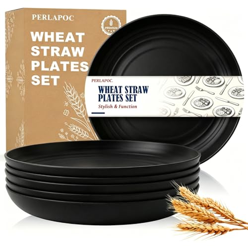Image of 10In Unbreakable Wheat Straw Plate, 6PCS Camping Plates Set, Black | Reusable Plastic Plates Sets for Dorms and Kitchen, Dishwasher & Microwave Safe - Black