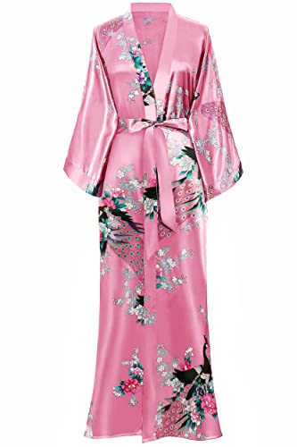 Image of BABEYOND Women's Kimono Robe Long Satin Robes with Peacock and Blossoms Printed Kimono Nightgown
