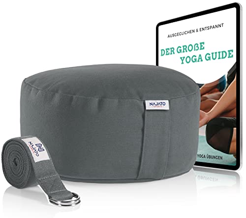 NAJATO Sports Meditationskissen – Mit Yoga Gurt & E-Book (PDF Datei) – Yogakissen mit Buchweizenschalen-Füllung – Rundes Yogakissen mit waschbarem Bezug...