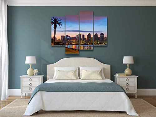 San Diego Downtown Skyline And Palm Tree At Dawn Canvas Wall Art Hanging Paintings Modern Artwork Abstract Picture Prints Home Decoration Gift Unique Designed Framed 4 Panel #TOP1