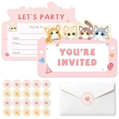 HOMANGA Cat Birthday Party Invitations for Girls 20 Pack Pink Party Invites with Envelopes and Stickers Kids Cat Theme Invitation Cards 4 x 5.4 Inch