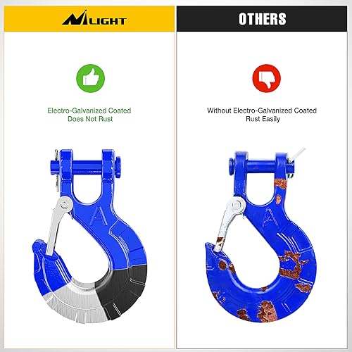 Image of Nilight Forged Steel Winch Hook 3 /8 inch Grade 70 Safety Latch Winch Cable Hook Stopper & Clevis Slip Hook Sets, Included Allen Wrench,Max 35,000 lbs, Blue