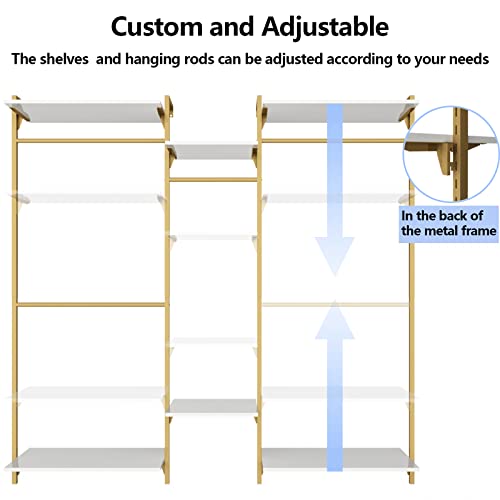 Gold Wall Mount Clothes Rack with 4 Hanging Rods, Clothing Rack with 6-Tier Adjustable Shelves, Closet Storage Organizer System Kit, Heavy Duty Garment Rack with Metal (80.43" L*78.62" H) (Gold)
