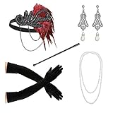KOPFBAND UND HANDSCHUHE: Kopfband aus den 1920er Jahren mit Gummibändern, schwarze Satin-Gatsby-Handschuhe sind dehnbar und für die meisten Erwachsenen geeignet