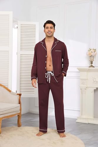 Image of Veseacky Mens 100% Cotton Pajamas Set Long Sleeve Button Down Sleepwear Soft Loungewear Pjs with Pockets