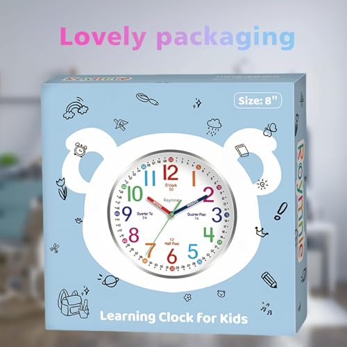 Roymnie Wall Clock for Kids Learning to Tell Time Easily Non Ticking Battery Operated Kids Teaching Clock Silent Colorful Teaching Time Clock Decorative for Kids Room Classroom School (8 Inch)