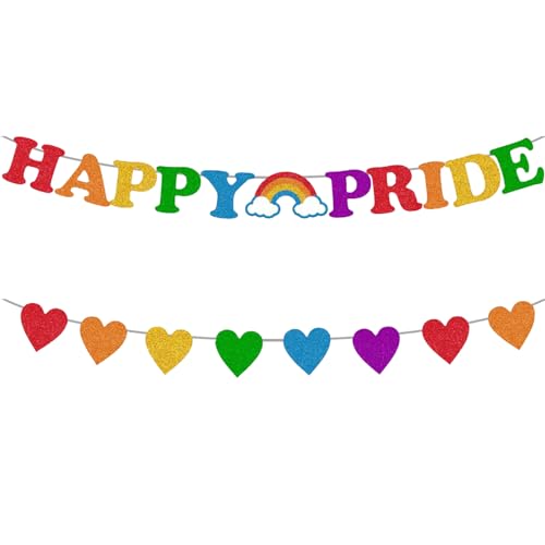 Neyeidru Pre-Strung Happy Pride Banner and Glitter Rainbow Heart Garland for LGBTQ+ Gay Pride Month Party Supplies