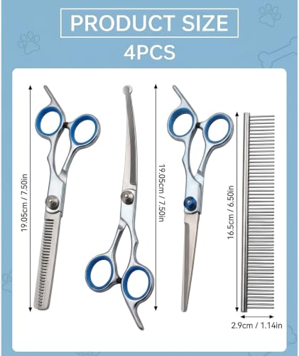 Image of 4-Piece Dog Grooming Kit, Dog Hair Cutting Scissors Set with Straight, Thinning, Downward Curved Shears and Steel Comb, Blue Ring Pet Grooming Scissors for Small Dogs