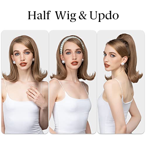 Sarla Half Head Band Wigs For Women Russian Brown Cheap Synthetic Curly Drawstring Cap Ponytail 1970 Thick Instant Clip In Half Up Half Down Hair Extension #TOP3