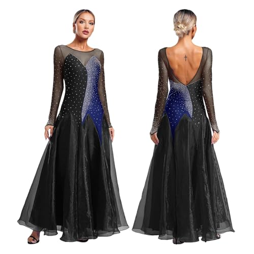 LCKKJHG Gesellschaftstanzkleid FüR Damen Damen Lyrisches Walzer-Tango-Tanzkleid, Transparentes Netz, Langärmliges Maxikleid Mit Glitzernden...