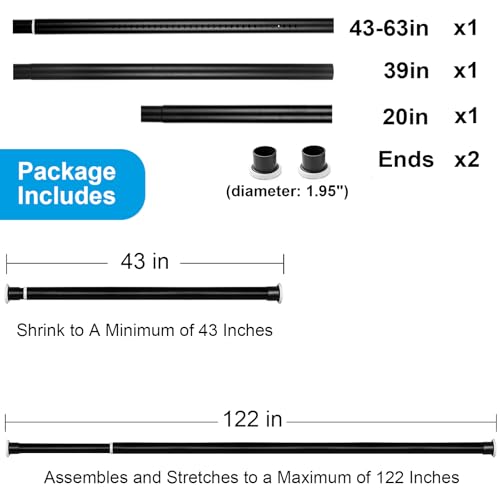 Tension Spring Curtain Rod Black Extendable No Drilling Rust Free Steel for Bathroom Shower Windows (83-122 Inch)