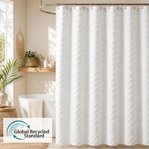 White Boho Fabric Shower Curtain 72 x 72 Inches, Modern Shabby Chic Textured Tufted Chevron Striped Minimalist Cloth Bathroom Shower Curtain - 5