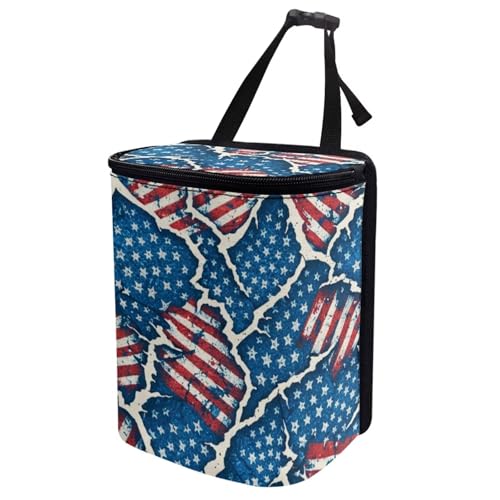 Image of Talayituse Vintage American Flag Paper Print Car Trash Bin, Large Size Auto Trash Can Adjustable Portable Garbage Can with Lid, Vehicle Hanging Bag for Headrest Front Back Seat 4th of July Decor