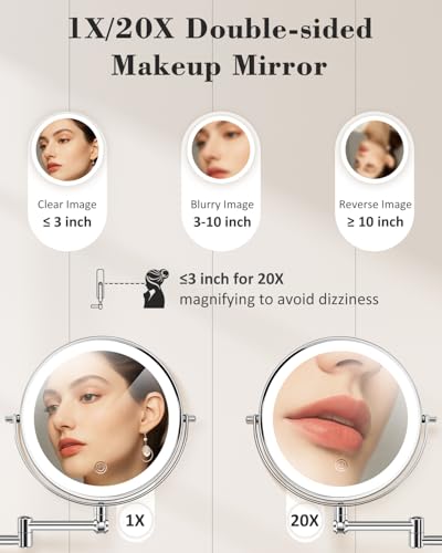 Image of 20X 9 inch Wall Mounted Magnifying Makeup Mirror with Light Height Adjustable