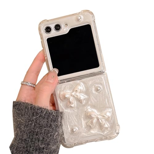 Elegant Woman Case for Galaxy Z Flip 5 with 3D White Bows and Pearls, Cute Girls Case for Samsung Galaxy Z Flip 5 Shockproof with Corner Protection and TPU Bumper, Lovely Case for Z Flip 5 -Bows