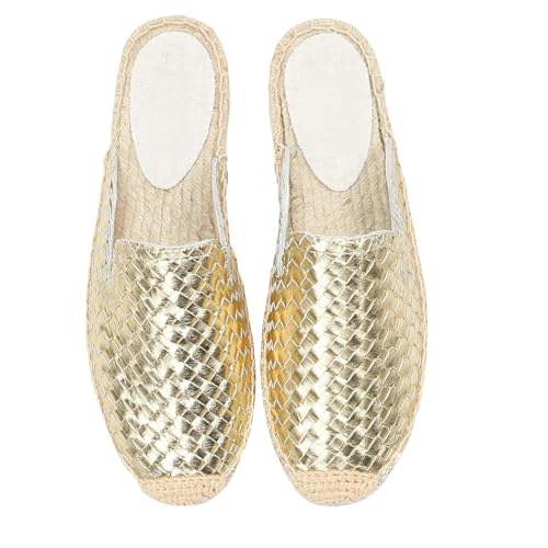 WVFHVISL Backless Loafers Leather Summer Flops Flat For Closed Pointed Toe Backless Sandals Comfortable Slides Shoes Ladies Slip Loafers-Golden-5