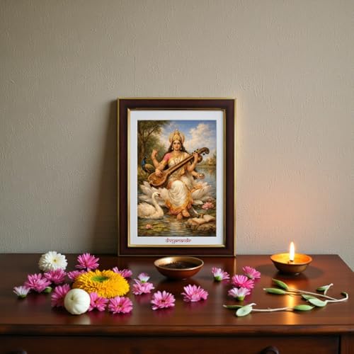 Image of divyamandir Maa Saraswati Framed Wall Art (18 x 14 Inches) | Traditional Hindu Goddess Painting with Glass Frame | Decorative Photo Frame for Home, Pooja Room & Office Decor (Maa Saraswati)