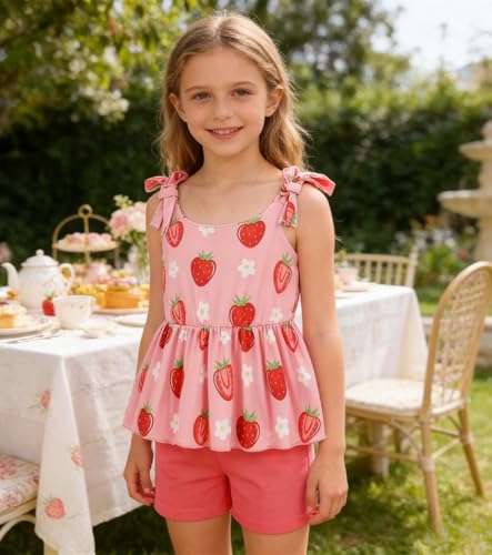 Image of Toddler Girls Clothes Summer Short Set Outfit Tie Knot Shoulder Sleeveless Ruffle Tops and Shorts 2PC Clothing Set