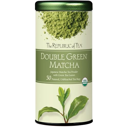 The Republic of Tea Organic Double Green Matcha, Individual Tea Bags with Japanese Matcha Tea Powder and Green Tea Leaves Blend, Natural Unbleached Bags in Reusable Tin Canister, 50 Tea Bags