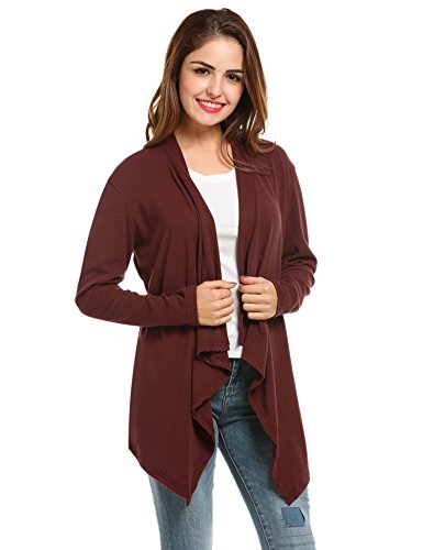 Meaneor Women's Long Sleeve Open Front Drape Irregular Hem Sloid Cardigan (Wine Red, L)