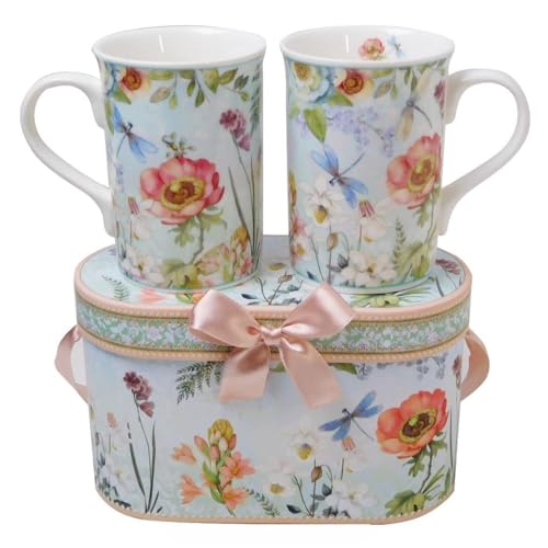 Set Of Two Floral Bone China Mugs In A Gift Box