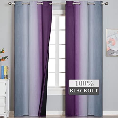 Purple and Grey Blackout Curtains 84 Inches Long,Ombre and Wavy Line Pattern 100% Blackout Curtains for Bedroom,Full Light Blocking Grommet Thermal Insulated Drapes for Kids Room, 42x84 Inch, 2 Panels