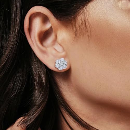 White Gold Plated 925 Sterling Silver Women’s Men’s Iced CZ Round Flower Cluster Hypoallergenic Circle Hip Hop Trendy Fashion Cubic Zirconia Stud Screw Back Earrings3