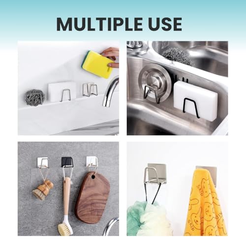 Image of Stainless Steel Adhesive Sponge Holder for Kitchen Sink, Hanging Hooks Without Drilling, Waterproof Caddy Organizer, Rustproof Sponge Rack for Scrubber & Brush, Kitchen Accessories (Pack of 1)