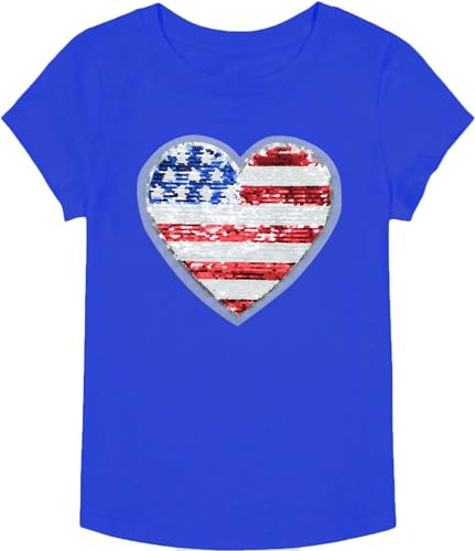 Image of Mrocioa American Heart Flag Girls 4th of July Shirt USA Patriotic Kids Sequin T-Shirt for 2-7 Years